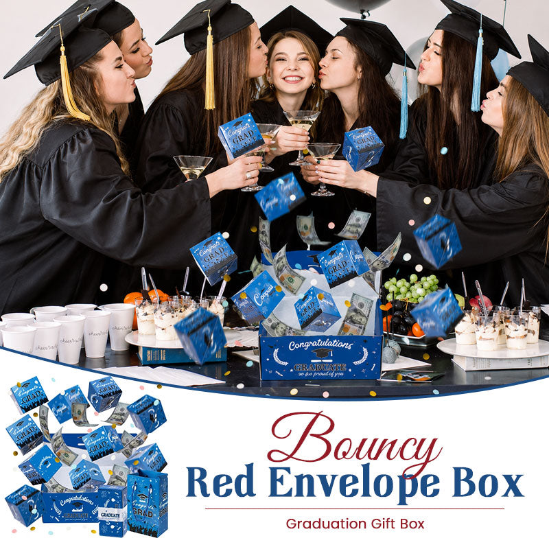Caja de regalo de graduación con diseño de sobre rojo y resorte