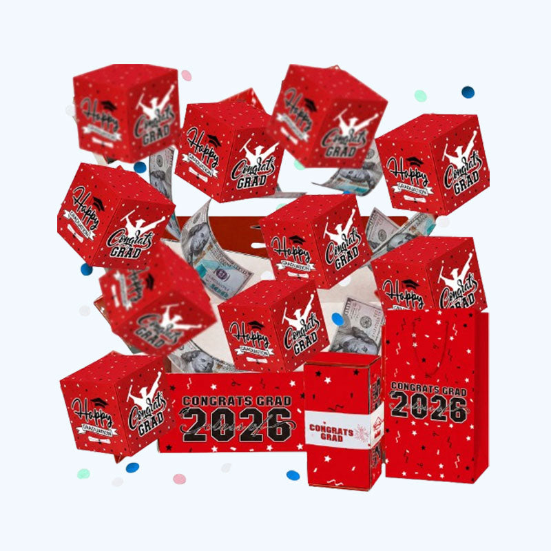 Caja de regalo de graduación con diseño de sobre rojo y resorte