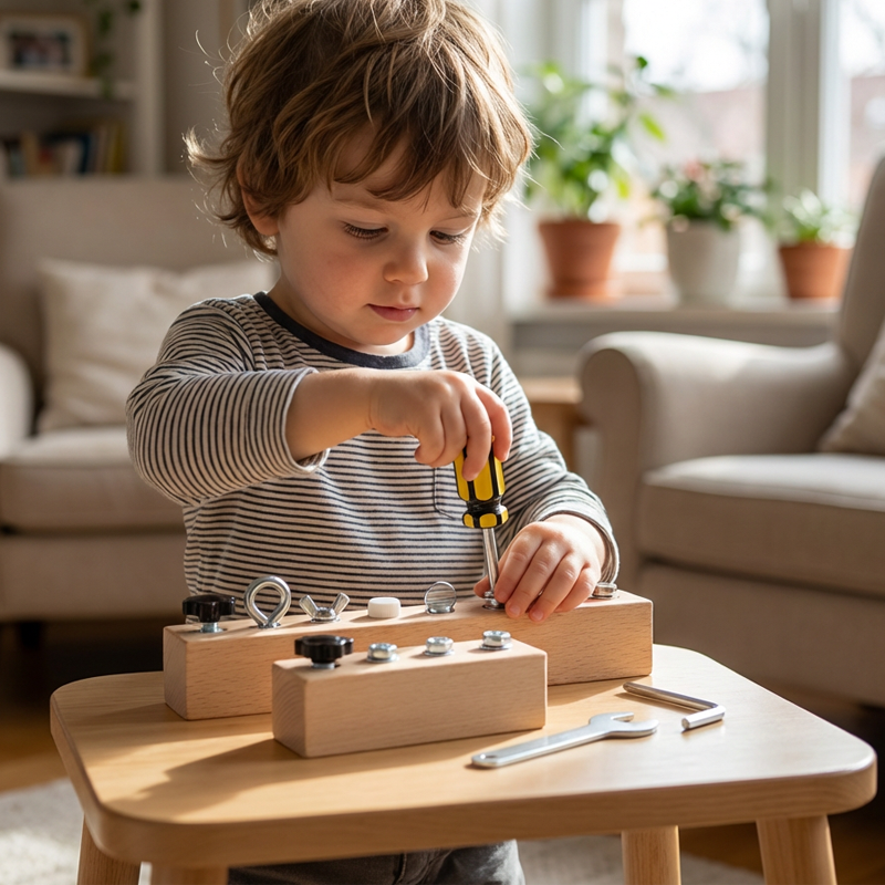 Juguete Montessori de madera con tablero de tornillos