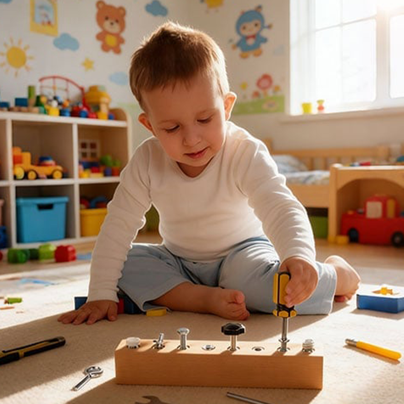 Juguete Montessori de madera con tablero de tornillos